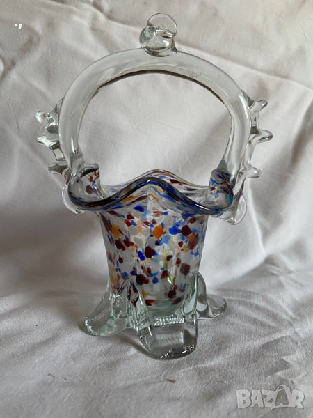 Ретро стъклена кошничка, бонбониера от цветно стъкло, снимка 1