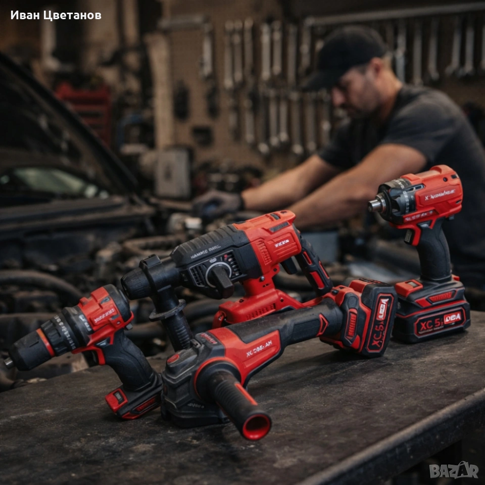 Комплект 4 в 1 акумулаторен перфоратор, гайковерт, винтоверт и ъглошлайф 36V 8A, снимка 1