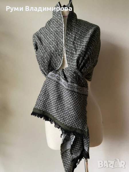 Тъмнозелен/ сив шал Piquadro с две лица с вълна/ мъжки шал, снимка 1