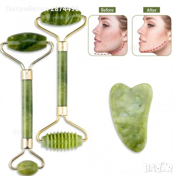 2870 Масажен ролер за лице и гуа-ша – Зелен нефрит, снимка 1