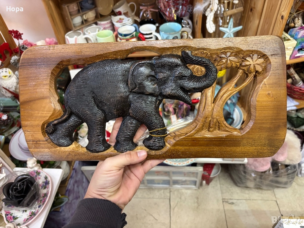 Пано със слонче от тиково дърво, снимка 1