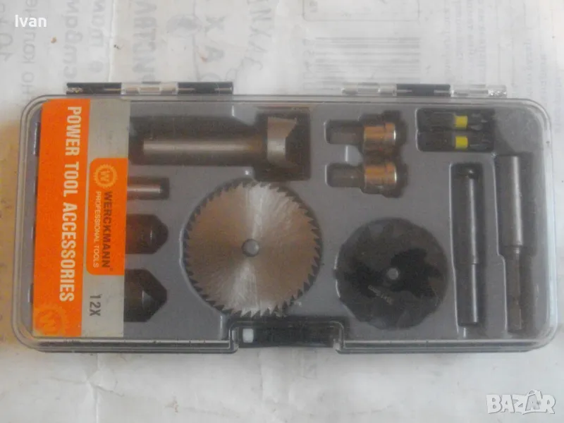 НОВ КОМПЛЕКТ ЗА РАБОТА С ГИПСОКАРТОН 12 ЧАСТИ АКСЕСОАРИ ФРЕЗЕРИ АДАПТЕРИ ДИСКОВЕ БИТОВЕ WERKMANN, снимка 1