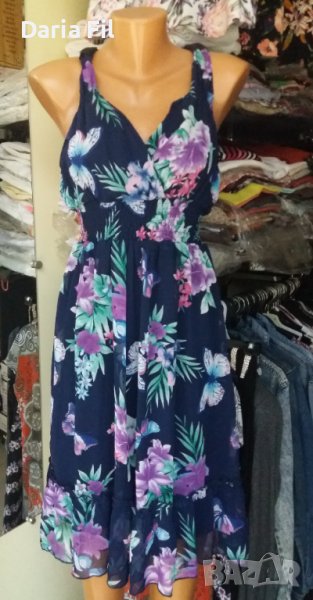 ТЪМНОСИНЯ рокля на розови цветя - шифон с подплата , снимка 1