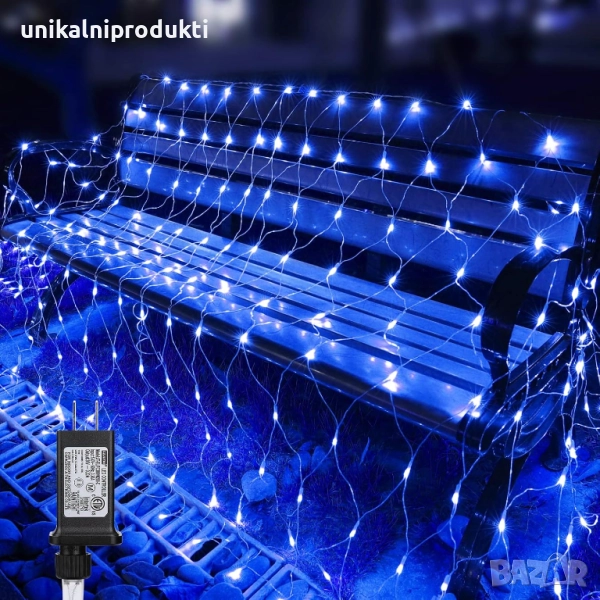 Коледни лампички LED мрежа 1.5м х 1.5м 144-диода  студено синя светлина , снимка 1