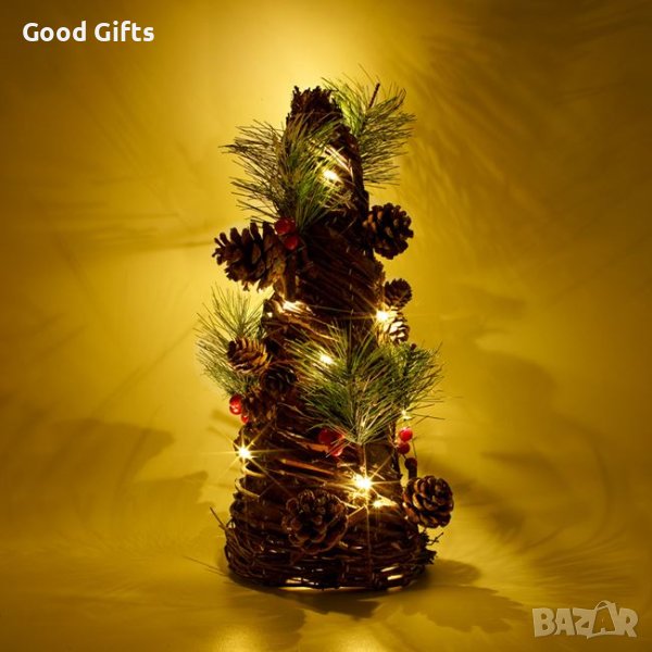 Светеща Коледна елха с борови клонки и шишарки, 35см, снимка 1