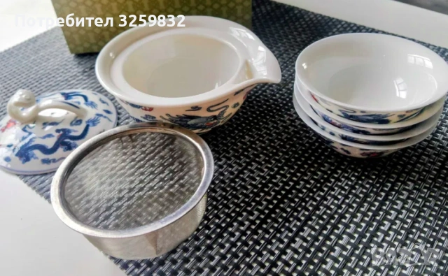 Китайски порцеланов чаен комплект с дракони - чайник и 4 чаши, снимка 8 - Антикварни и старинни предмети - 53589973