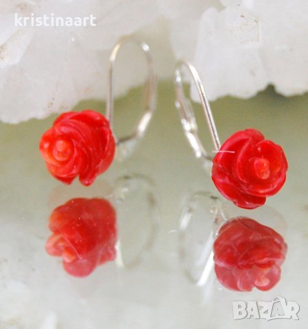 Сребърни обeци c червен корал с форма на роза