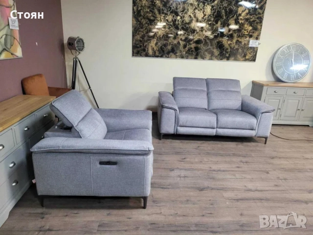 Сив комплект от плат двойка и фотьойл с електрически релакс механизъм, снимка 8 - Дивани и мека мебел - 51955845