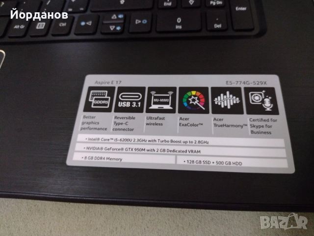 Acer Aspire E17 17.3''Led/Core i5-6200U/8gb.ram./128gb.ssd.+500gb.hdd/GTX950M 2gb., снимка 2 - Лаптопи за работа - 51797212