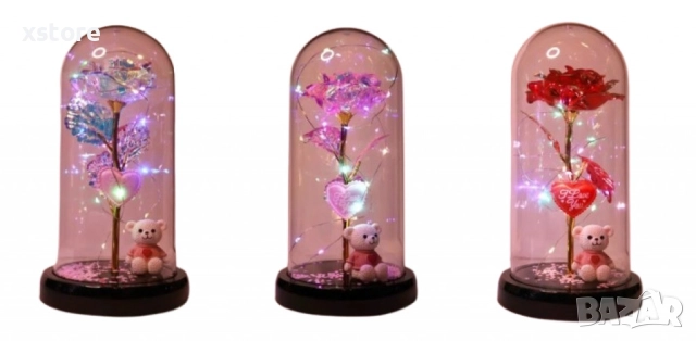 Романтична стъкленица с роза, мече и LED светлини