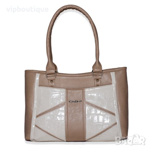 Бежова кожена дамска чанта, снимка 1