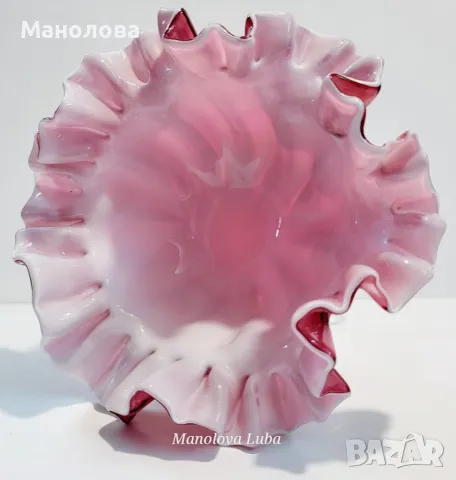 Бонбониера от ръчно издухано стъкло Cranberry glass., снимка 2 - Вази - 48021645