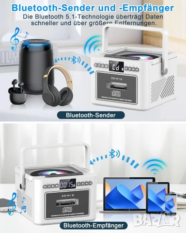 Greadio Преносим CD Плейър и Касетофон с Bluetooth 5.1 и 5000mAh Батерия , снимка 5 - Радиокасетофони, транзистори - 53384833