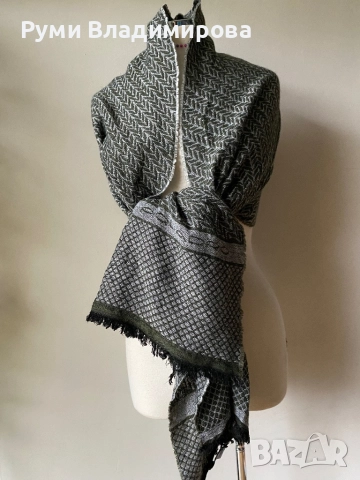 Тъмнозелен/ сив шал Piquadro с две лица с вълна/ мъжки шал