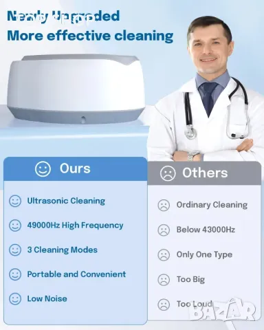 Ултразвуков уред за почистване на протези, фиксатор, бижута с 3 режима, 49kHz, 340 мл преносим, снимка 2 - Тримери - 49551967