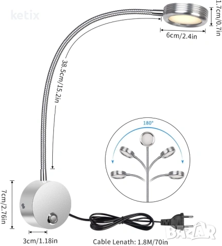 LED стенна лампа за четене, снимка 5 - Лампи за стена - 53569792
