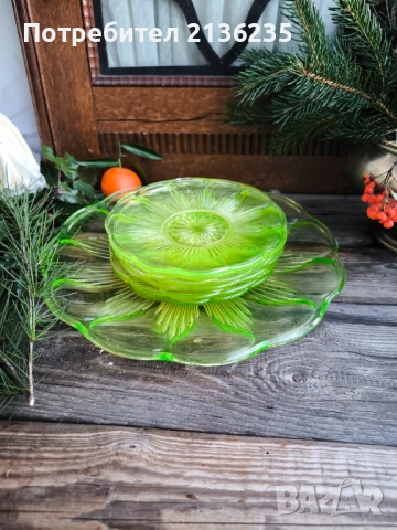 Ураново стъкло – арт деко комплект чинии, снимка 6 - Антикварни и старинни предмети - 52818229