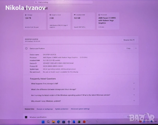 HP EliteDesk 705 G5 SFF AMD Ryzen 5 3400G 4.20 Ghz | 16GB RAM | 1TB SSD + 1TB HDD | Wifi+BT|DVD|3 DP, снимка 4 - Работни компютри - 53288115