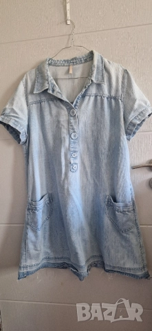 Дамска къса рокля с къс ръкав тип туника размер: Л/ХЛ материя: памук, дънкова цвят: светло синя подх