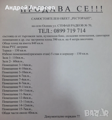Продавам сграда със статут на Ресторант.