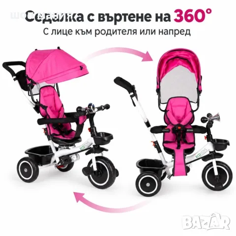 Детска триколка 6м+ с въртяща се седалка 360°, родителска дръжка и сенник, розова, снимка 4 - Детски велосипеди, триколки и коли - 56024042