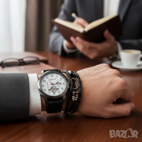 Мъжки часовник с големи цифри и подаръчна гривна – стил и практичност в готов комплект, снимка 3 - Бижутерийни комплекти - 51947431