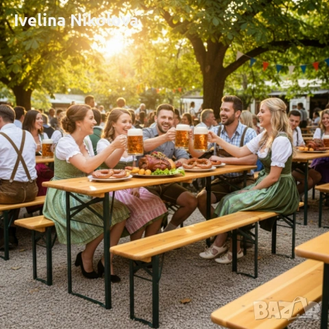 Сгъваем комплект градинска маса с 2 пейки - От чамово дърво, с отвор за чадър, снимка 7 - Градински мебели, декорация  - 53646988