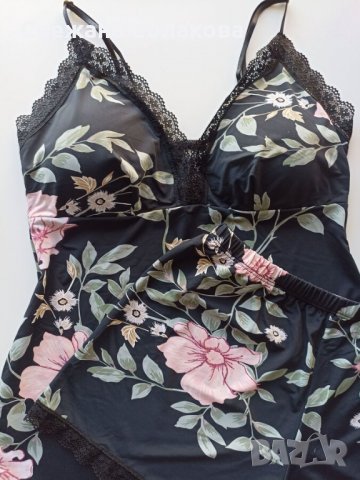 Луксозен сатенен комплект от нежен потник и къси панталонки с дантелена част, снимка 3 - Бельо - 35746210