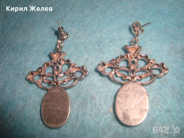 СТАРИ СКЪПОЦЕННИ СРЕБЪРНИ АртДЕКО ОБЕЦИ ОКСИДИРАНО СРЕБРО 925 с ЧЕРЕН ШЛИФОВАН ОНИКС и ЦИРКОНИ 25645, снимка 5 - Обеци - 35783930