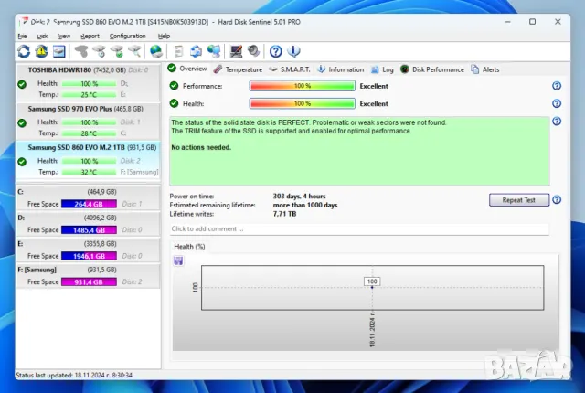 Продавам почти нов 1 TB SSD Samsung 860 EVO form factor M2 с MLC cells, снимка 4 - Твърди дискове - 48016991