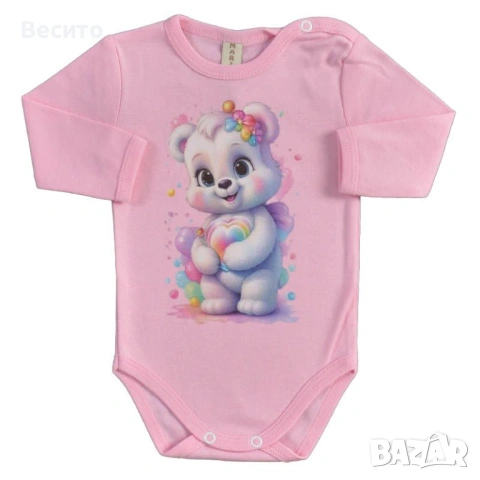 Памучно бебешко боди Rainbow Bear в розово, лилаво и цвят екрю