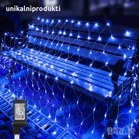 Коледни лампички LED мрежа 1.5м х 1.5м 144-диода  студено синя светлина 