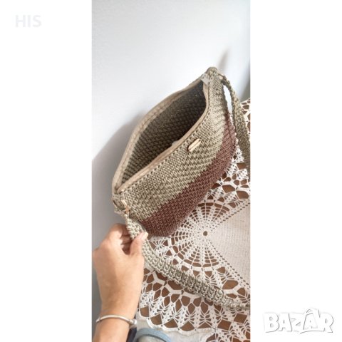 Дамска плетена чанта, беж и кафяво, ръчно изработена, снимка 6 - Чанти - 42698885