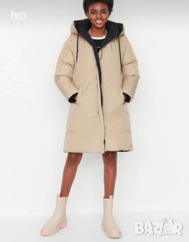 Двулицево зимно дълго яке – черно и бежово, снимка 4 - Якета - 52094639