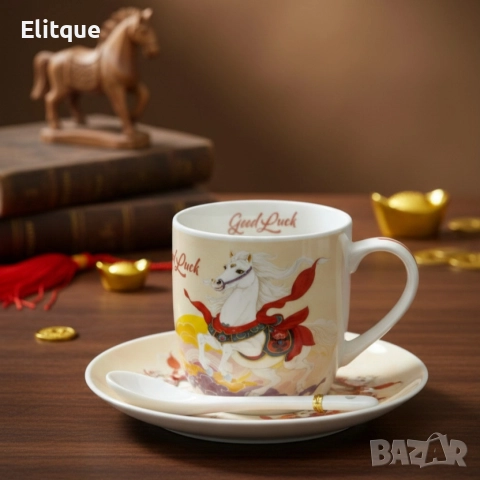 Подаръчен късметлийски порцеланов комплект – чаша, чинийка и лъжичка с празничен дизайн на коне, снимка 5 - Други - 52571520