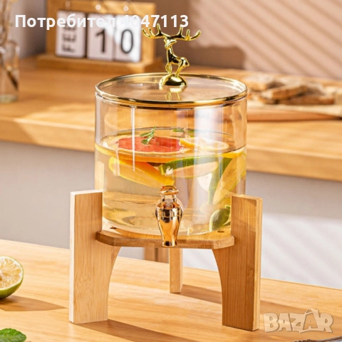 Голям диспенсър за напитки 8L с дървена стойка и златист кран, снимка 2 - Декорация за дома - 51863432