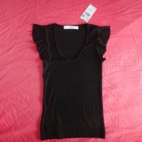 Mango нова черна рипсена блуза с къси набрани ръкави, снимка 6 - Тениски - 41518935