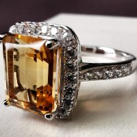 Елегантен сребърен 925 пръстен с родиево покритие и Натурален Цитрин и Циркони!, снимка 3 - Пръстени - 42302927