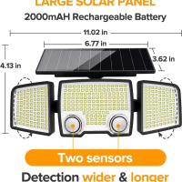 Соларна охранителна лампа LUTEC с 2 сензора, 332 LED 7000K 1500LM, сензор за движение, водоустойчива, снимка 8 - Соларни лампи - 44827202