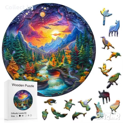 Дървен пъзел - Залез в планината, снимка 1