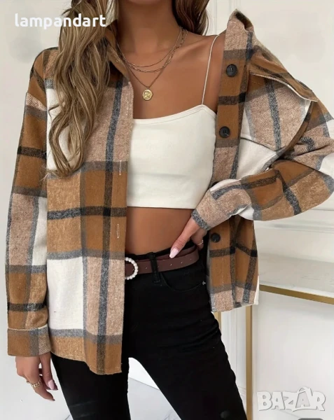 Вълнена риза каре в бежово, снимка 1