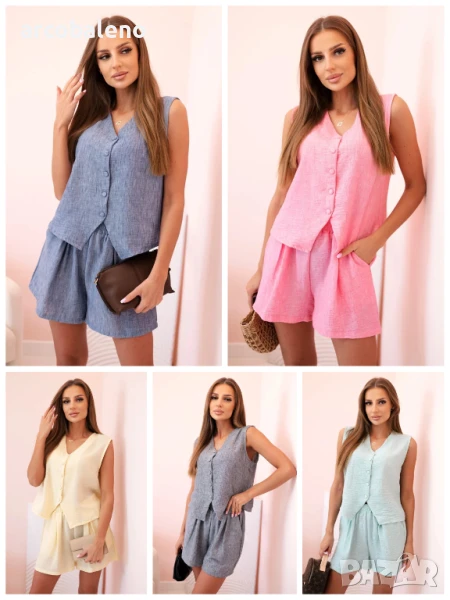 Дамски комплект от две части от вискоза, състоящ се от елек и шорти с копчета, 5цвята , снимка 1
