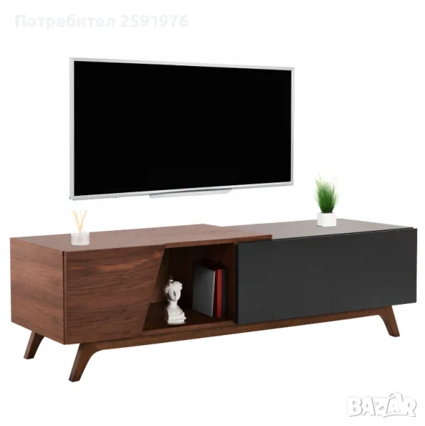 TV шкаф HM9748, MDF и естествен фурнир, Златисти крака, 180x40x50Hcm., снимка 1