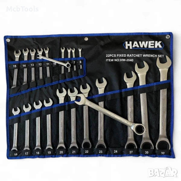 Комплект звездогаечни тресчотни ключове 6 – 32 мм 22 части Hawek, снимка 1