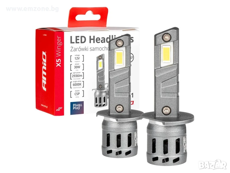 Комплект 2бр. Диодни крушки H1 LED 6000K 30W 12V AMIO Canbus, снимка 1