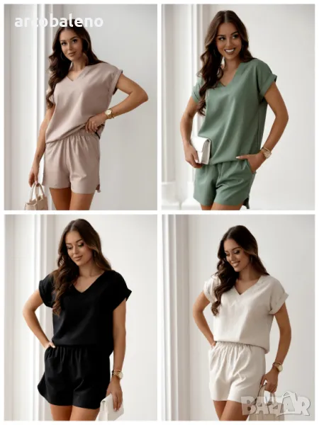 Дамски комплект от две части с къс ръкав и шорти, 4цвята , снимка 1