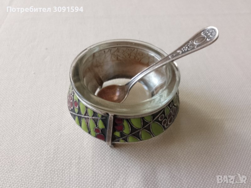 Руски мелхиорен съд за хайвер ,сол,със  емайл оригинална лъжичка, снимка 1
