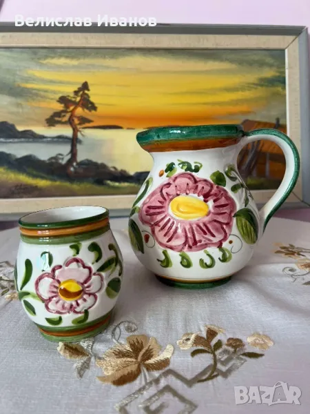 Керамична стомна и чаша. Италия. Ръчно подписани и рисувани, снимка 1