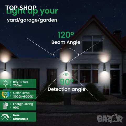 ALUSSO LED стенна лампа PIR сензор за движение 8W 750LM, нагоре надолу, 2 крушки, снимка 7 - Лампи за стена - 49971286