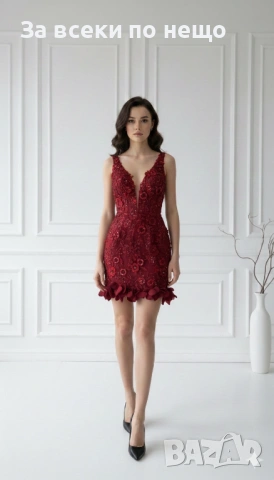 Дамска Официална Елегантна Къса Червена Рокля С Дантела И Апликации Код Roni7